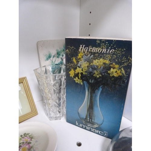 108 - Coloured glass vase, hip flask, small modern pictures, Royal Stanley stand, cut glass vase, boxed gl... 