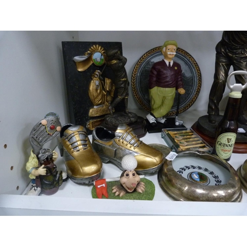 109 - Collection of modern golfing figures and related items, including a golf bag and shoes, boxed set of... 