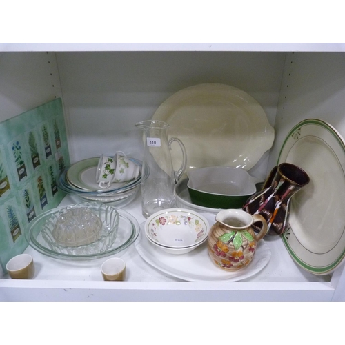 110 - Glass jug, jelly mould, dishes, chopping board, glass Pyrex-style dishes, art pottery jug, ashet etc... 