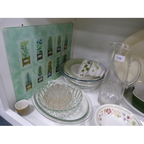 110 - Glass jug, jelly mould, dishes, chopping board, glass Pyrex-style dishes, art pottery jug, ashet etc... 