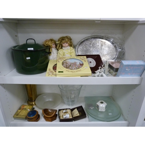 112 - Two Nao bird groups, Border collector's plates, china-headed dolls, green enamel pot and cover, mode... 