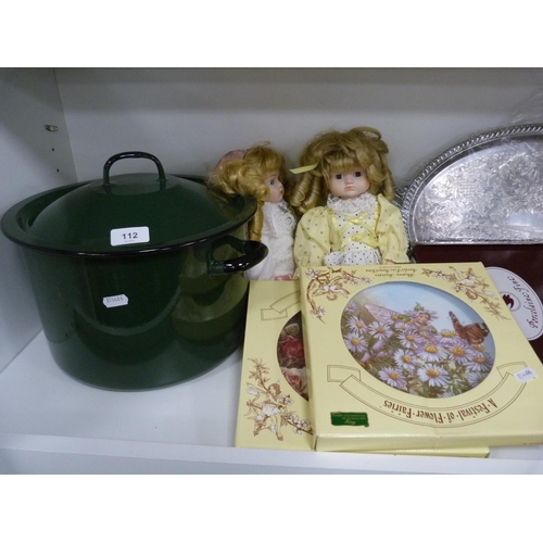 112 - Two Nao bird groups, Border collector's plates, china-headed dolls, green enamel pot and cover, mode... 