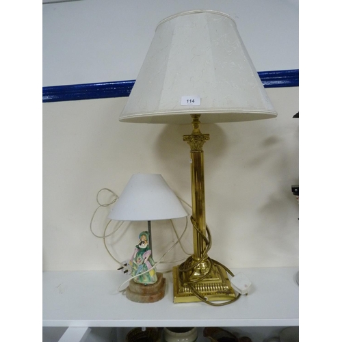 114 - Brass-coated Corinthian-style table lamp with shade, Art Deco figural table lamp on an onyx stand.
