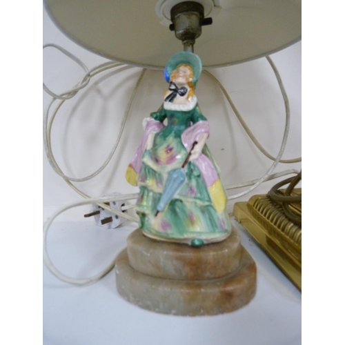 114 - Brass-coated Corinthian-style table lamp with shade, Art Deco figural table lamp on an onyx stand.