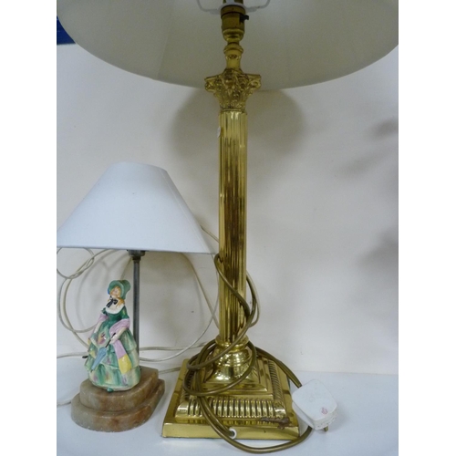 114 - Brass-coated Corinthian-style table lamp with shade, Art Deco figural table lamp on an onyx stand.