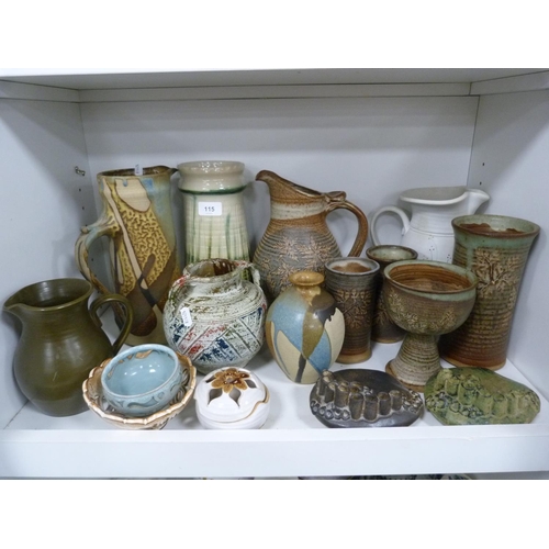 115 - Collection of art pottery including vases, some marked to the underside, German-style jugs, modern m... 