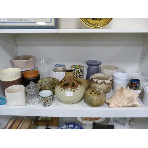 119 - Planters, seashell, vases, glass vase, glass jar with cover etc.