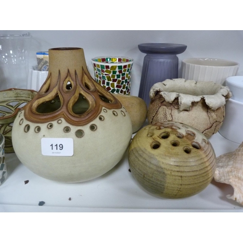 119 - Planters, seashell, vases, glass vase, glass jar with cover etc.
