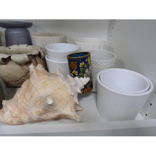 119 - Planters, seashell, vases, glass vase, glass jar with cover etc.