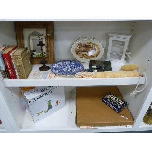 120 - Rington's plate, Liverpool Pottery ashet decorated with game birds, books, picture frames, dominoes,... 