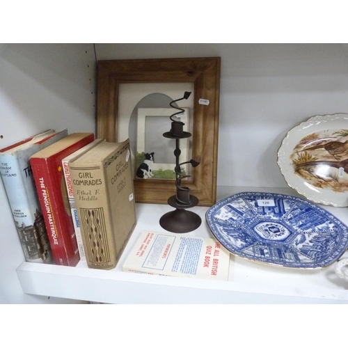 120 - Rington's plate, Liverpool Pottery ashet decorated with game birds, books, picture frames, dominoes,... 