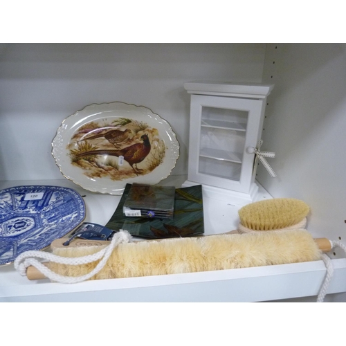 120 - Rington's plate, Liverpool Pottery ashet decorated with game birds, books, picture frames, dominoes,... 