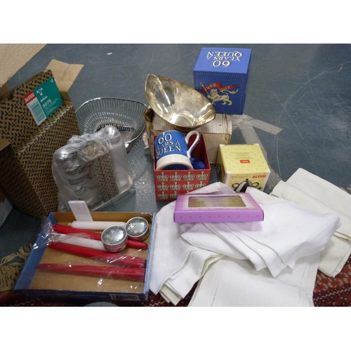205 - Box containing modern decorative items including EP bowl and spoon, boxed mugs, boxed Alessi items e... 
