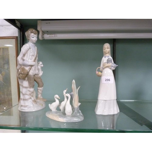 206 - Porcelain figure groups including a figure of a shepherd boy, Nao geese etc.&nbsp; (3)