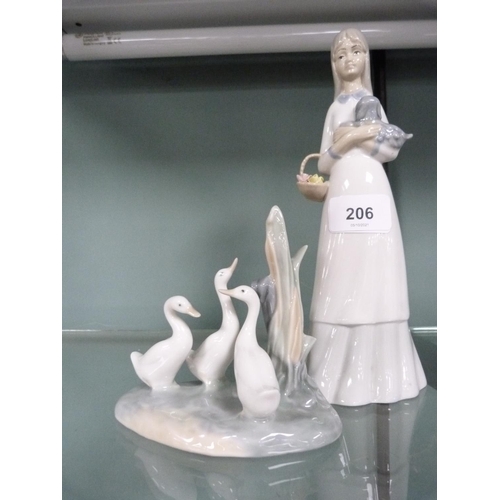 206 - Porcelain figure groups including a figure of a shepherd boy, Nao geese etc.&nbsp; (3)