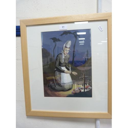 61 - Woman lighting candles at a graveside, signed indistinctly lower left.