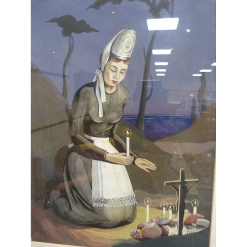 61 - Woman lighting candles at a graveside, signed indistinctly lower left.