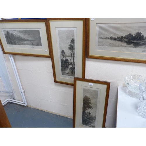 63 - River scenes, four near-matching signed prints, signed indistinctly in pencil, in oak frames.