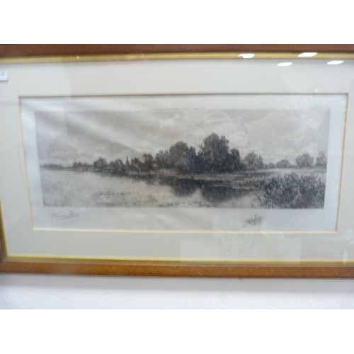 63 - River scenes, four near-matching signed prints, signed indistinctly in pencil, in oak frames.