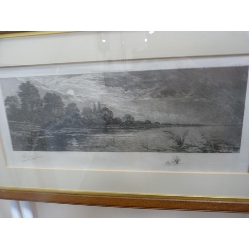 63 - River scenes, four near-matching signed prints, signed indistinctly in pencil, in oak frames.