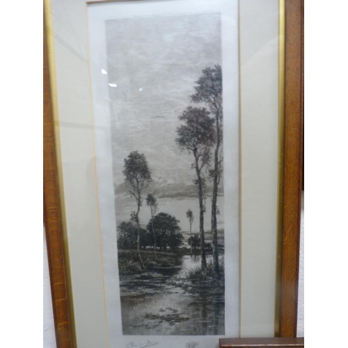 63 - River scenes, four near-matching signed prints, signed indistinctly in pencil, in oak frames.