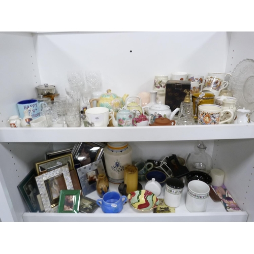 69 - Assorted china and glass including etched tumblers, wine glasses, commemorative cups and tankards, a... 