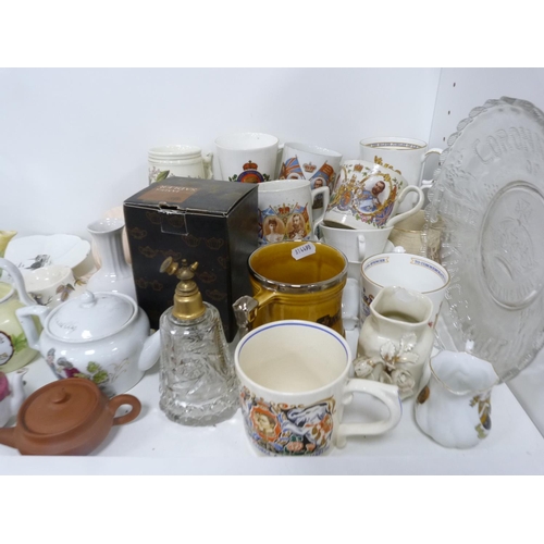 69 - Assorted china and glass including etched tumblers, wine glasses, commemorative cups and tankards, a... 