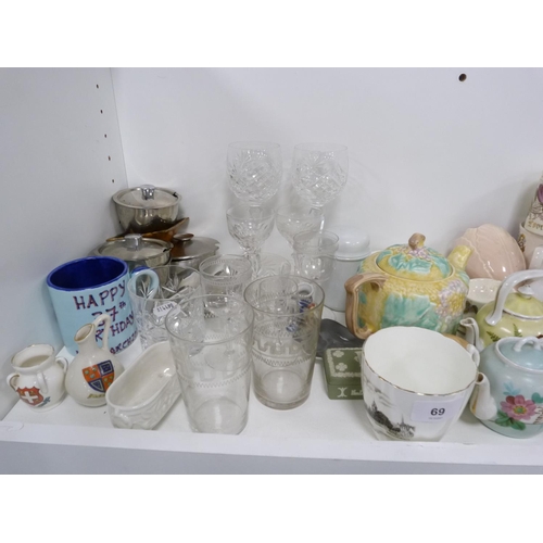 69 - Assorted china and glass including etched tumblers, wine glasses, commemorative cups and tankards, a... 