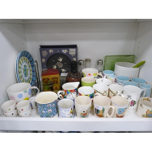 71 - Collection of children's themed mugs, modern cups, jug signed by Rosie Firmin, Cath Kidston cup, Spo... 
