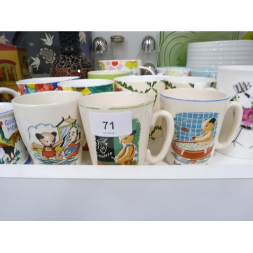 71 - Collection of children's themed mugs, modern cups, jug signed by Rosie Firmin, Cath Kidston cup, Spo... 