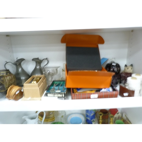 76 - Two antique pewter jugs, glass bowl on circular foot, white glazed figure, tinted glass bowl and cov... 