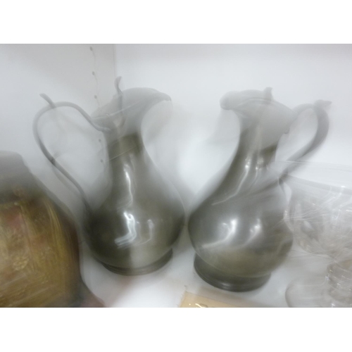 76 - Two antique pewter jugs, glass bowl on circular foot, white glazed figure, tinted glass bowl and cov... 
