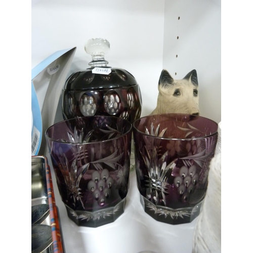 76 - Two antique pewter jugs, glass bowl on circular foot, white glazed figure, tinted glass bowl and cov... 