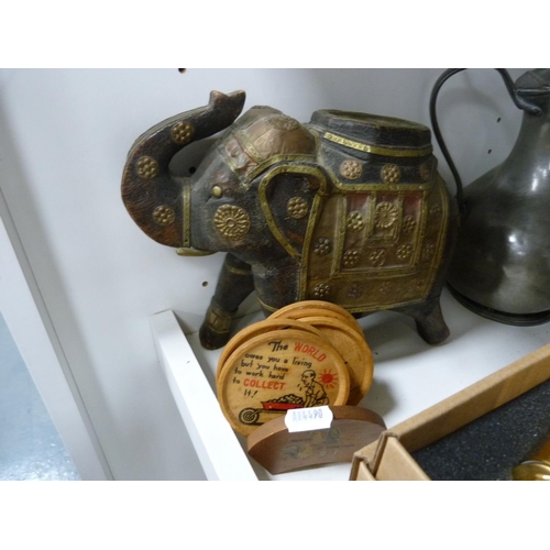 76 - Two antique pewter jugs, glass bowl on circular foot, white glazed figure, tinted glass bowl and cov... 