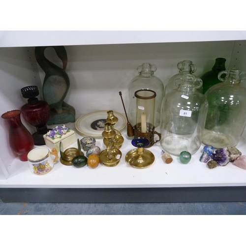 81 - Five glass wine flagons, brass candlesticks, brass chamberstick, mineral eggs, Paragon commemorative... 
