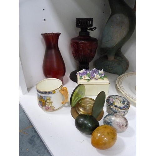 81 - Five glass wine flagons, brass candlesticks, brass chamberstick, mineral eggs, Paragon commemorative... 