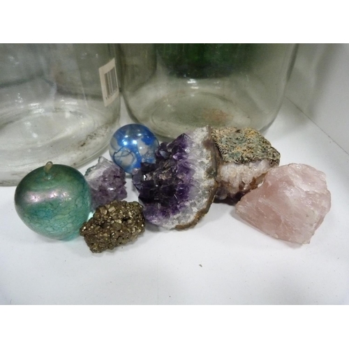 81 - Five glass wine flagons, brass candlesticks, brass chamberstick, mineral eggs, Paragon commemorative... 