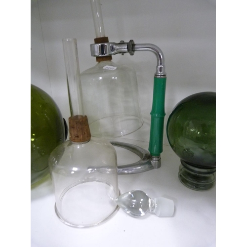 85 - Decanters, green glasses, perfume bottle with stopper, jug, ashtray, green glass float, spare decant... 