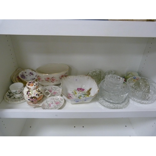 91 - Collection of decorative ceramics including trefoil dish, wall pocket, cups, saucers, jelly moulds, ... 