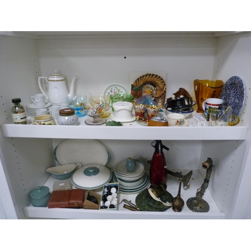 93 - Two Vasart-style glass posy baskets, Vienna-style cabinet cups and saucers, fishing reel, amber glas... 