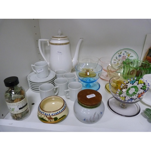 93 - Two Vasart-style glass posy baskets, Vienna-style cabinet cups and saucers, fishing reel, amber glas... 