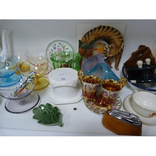 93 - Two Vasart-style glass posy baskets, Vienna-style cabinet cups and saucers, fishing reel, amber glas... 