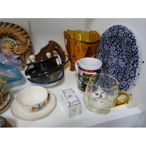 93 - Two Vasart-style glass posy baskets, Vienna-style cabinet cups and saucers, fishing reel, amber glas... 