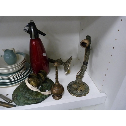 93 - Two Vasart-style glass posy baskets, Vienna-style cabinet cups and saucers, fishing reel, amber glas... 