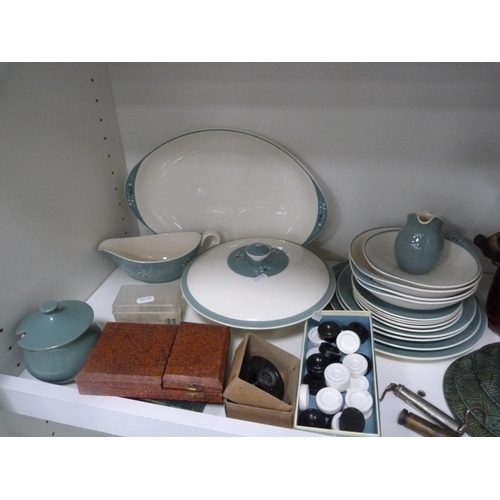 93 - Two Vasart-style glass posy baskets, Vienna-style cabinet cups and saucers, fishing reel, amber glas... 