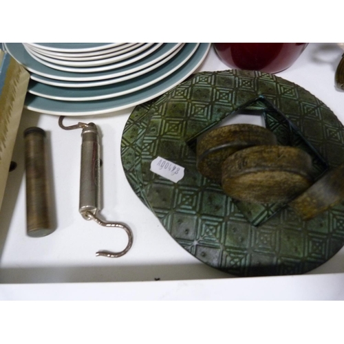 93 - Two Vasart-style glass posy baskets, Vienna-style cabinet cups and saucers, fishing reel, amber glas... 