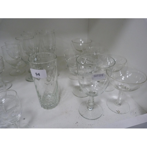 94 - Collection of glasses including wine, sherry, liqueur, also sundae dishes.