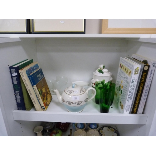 95 - Cookery books, frosted glass cups and saucers, green glass tumblers, biscuit box and cover, Grindley... 