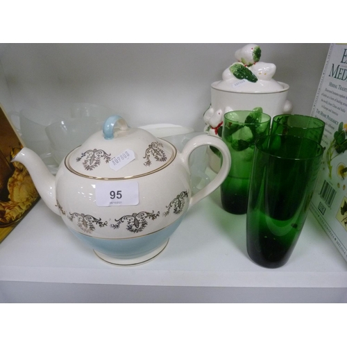 95 - Cookery books, frosted glass cups and saucers, green glass tumblers, biscuit box and cover, Grindley... 