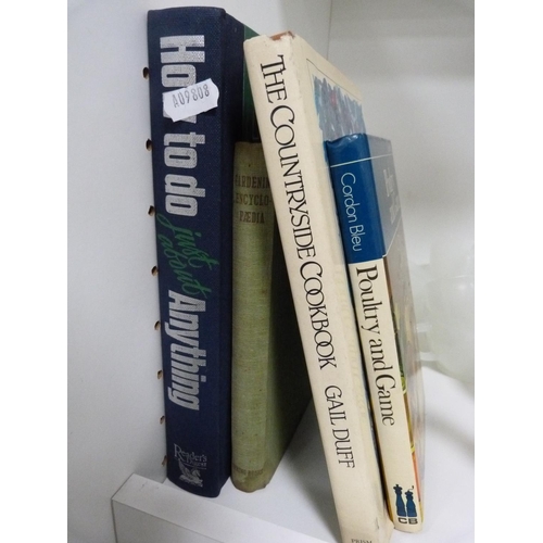 95 - Cookery books, frosted glass cups and saucers, green glass tumblers, biscuit box and cover, Grindley... 